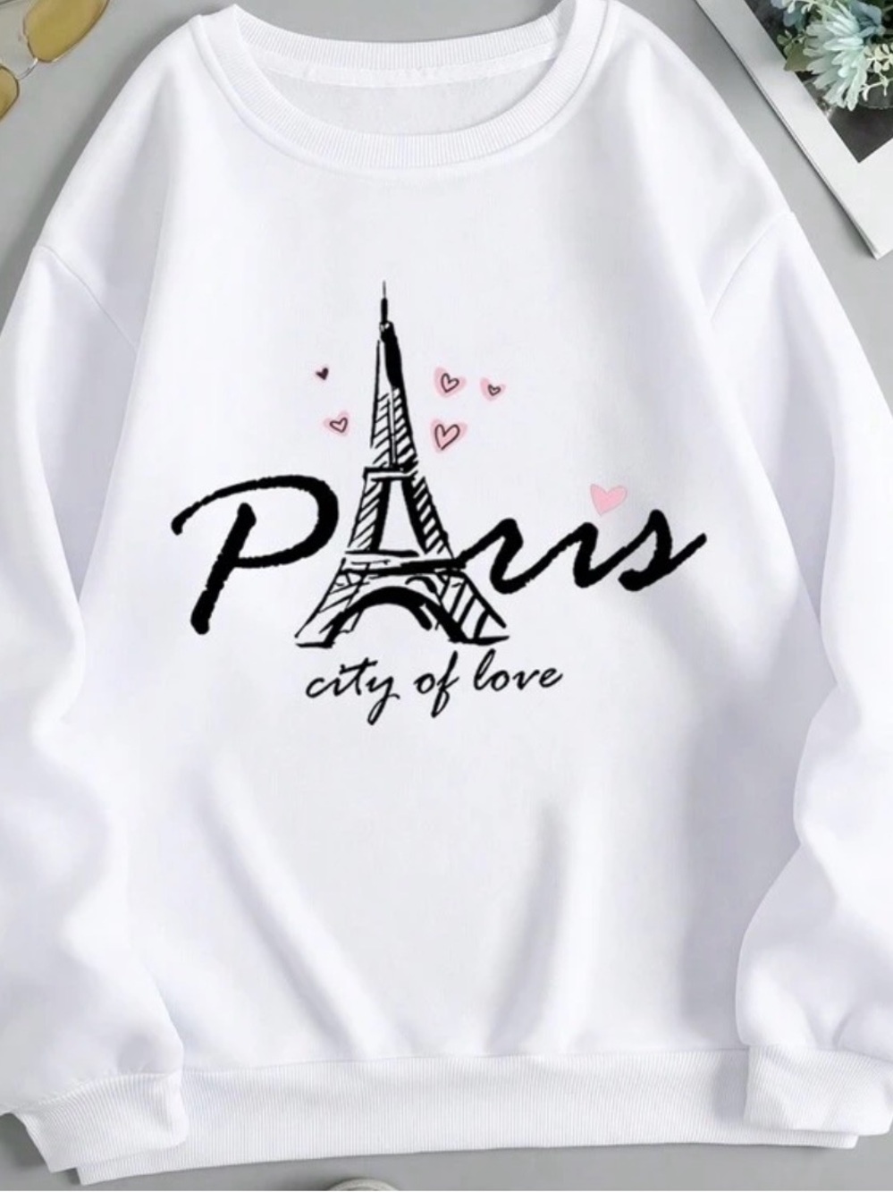 SHEIN White Paris City of Love Graphic Sweatshirt with Pink Hearts